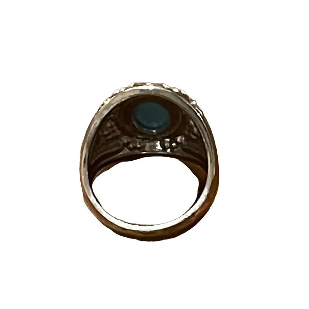 Costume jewelry silver tone ring with turquoise color acrylic center stone.